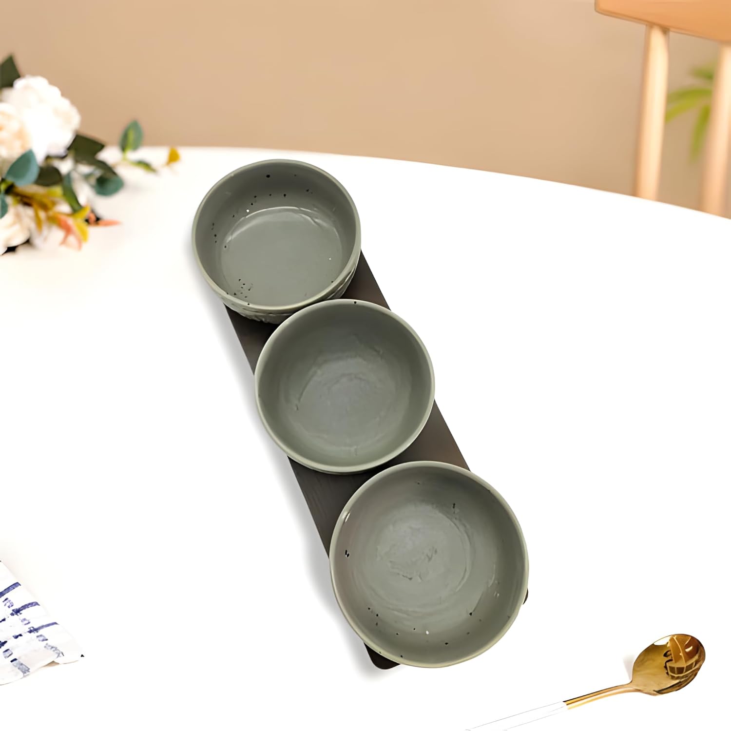 Elegant Grey Ceramic 3-Bowl Set with Bamboo Base – Stylish Serving Tray for Snacks, Dips & More
