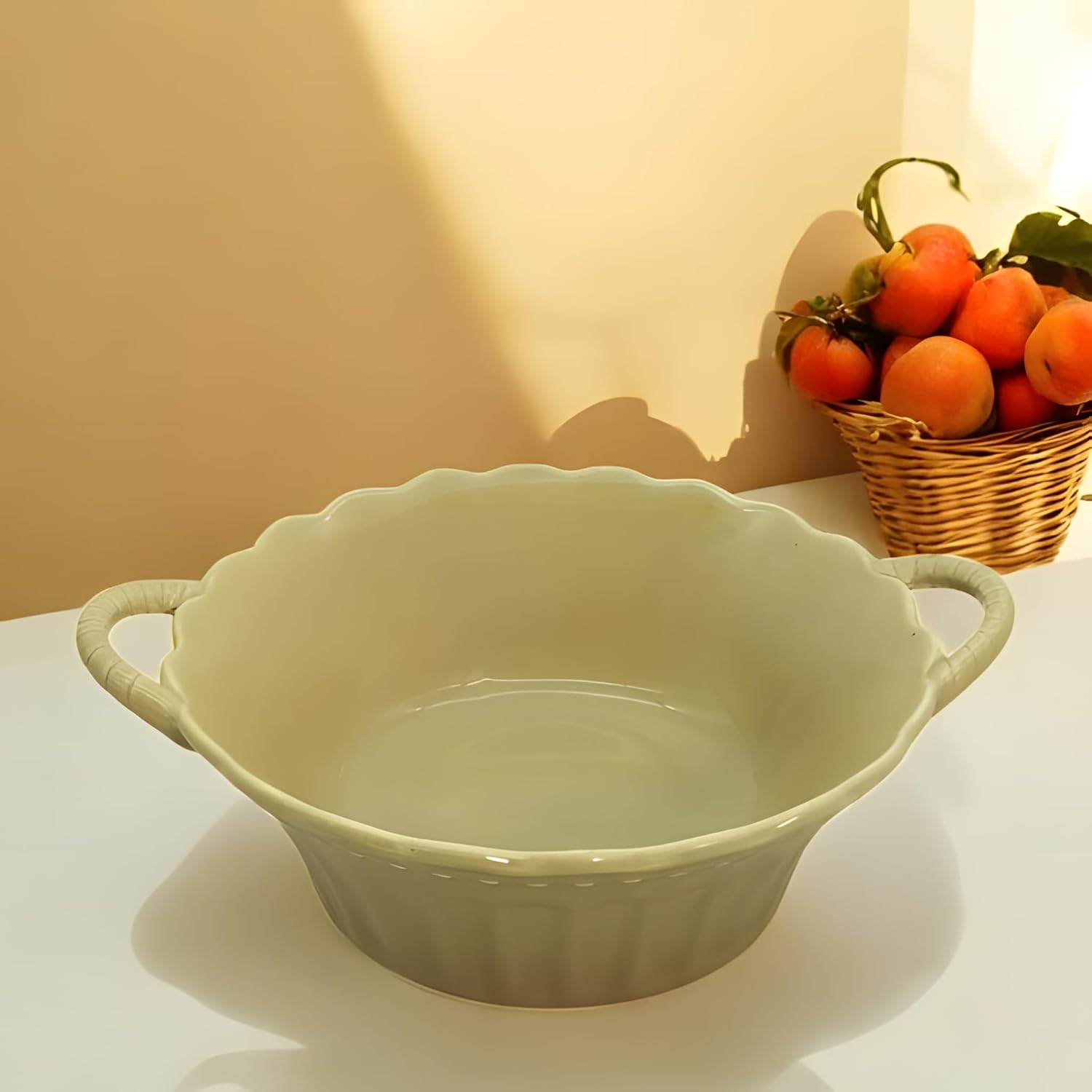 Lemon Tree Beige Round Deep Ceramic Bowl with Double Handles – Stylish Serveware for Pasta, Snacks & Desserts