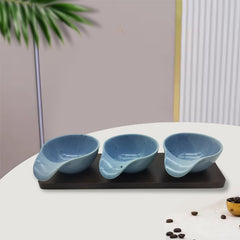 Lemon Tree Blue – Elegant 3-Bowl Ceramic Serving Set with Sturdy Bamboo Base for Snacks & Condiments