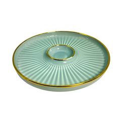 LEMON TREE BLUE HH0901 Ceramic Round Snack Platter with Dip Slot | 23.5 cm | Pastel Shades with Golden Rim