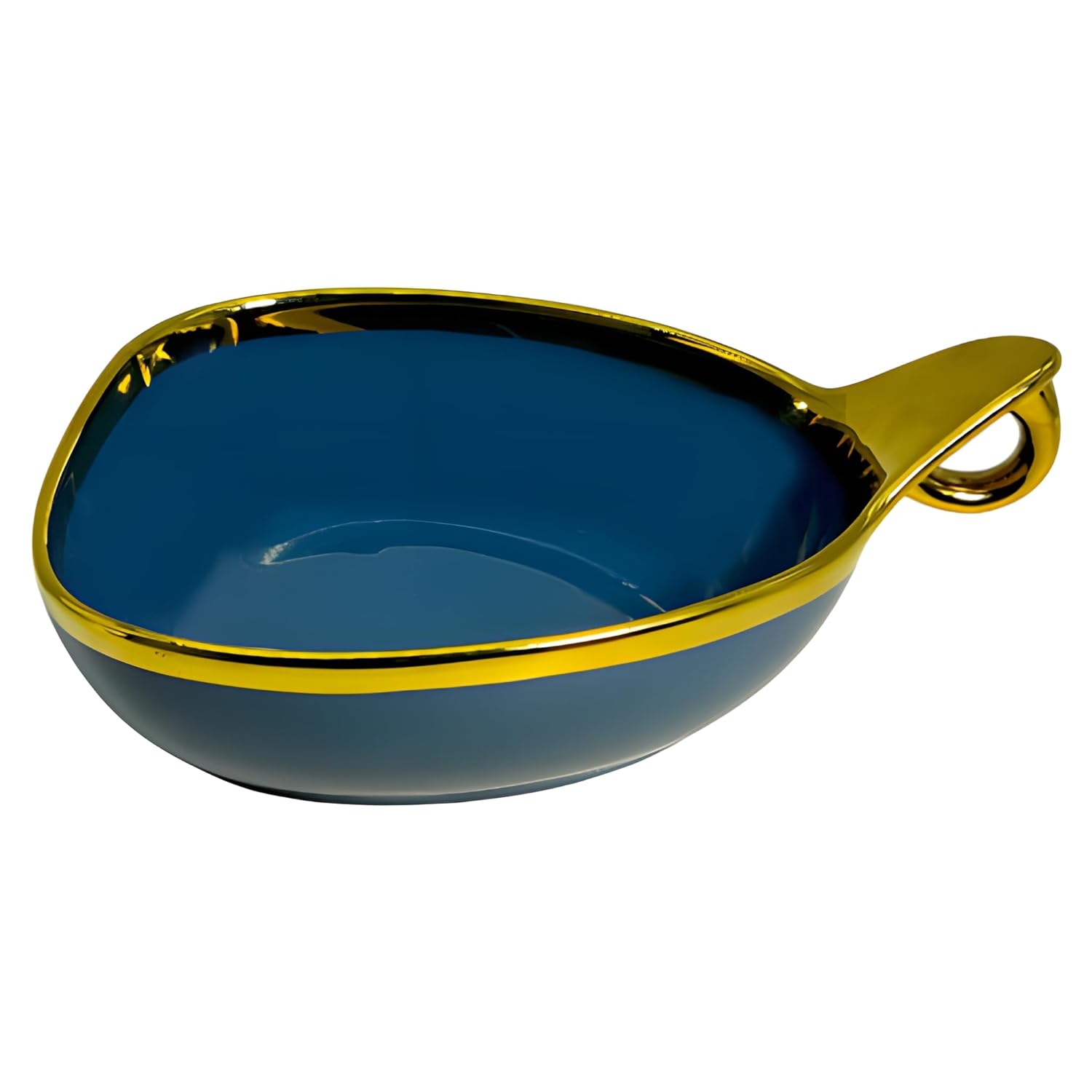 Stylish Blue Triangular Ceramic Deep Serving Bowl – 19cm Dish with Gold Rim & Hook Handle