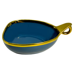 Stylish Blue Triangular Ceramic Deep Serving Bowl – 19cm Dish with Gold Rim & Hook Handle