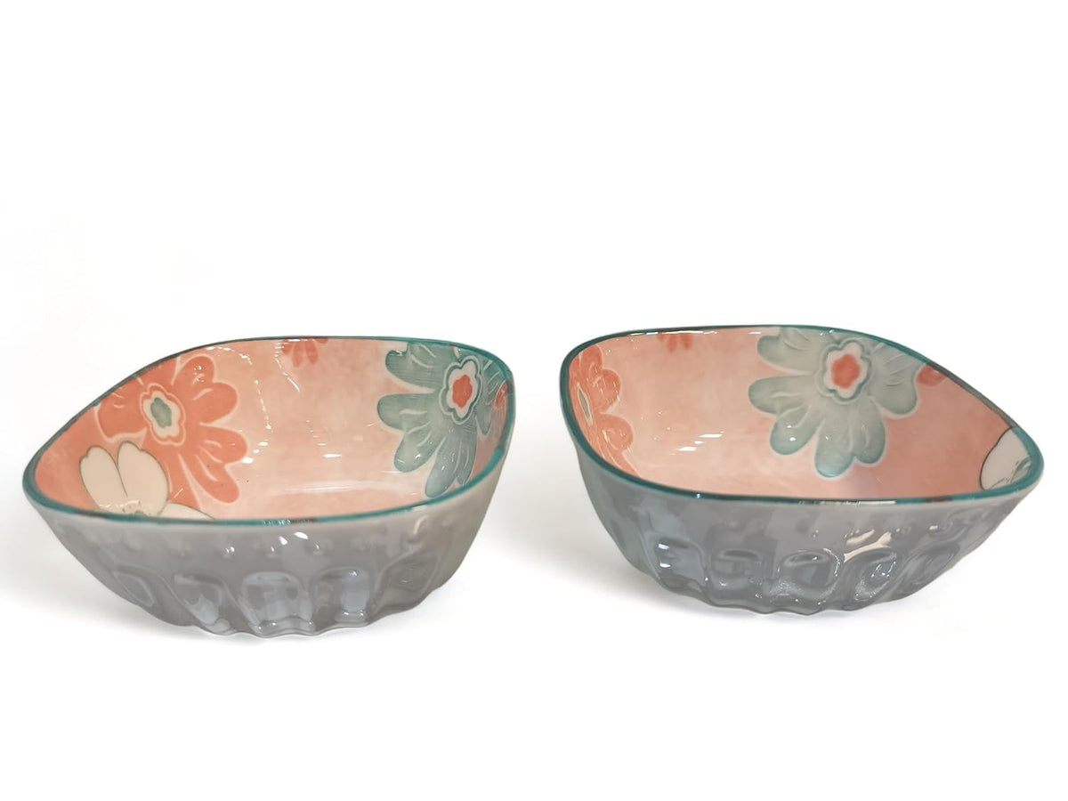 Lemon Tree Pink Ceramic Bowl Set – 2 Pc Small Square Serving Bowls for Dips, Nuts & Desserts – Microwave & Dishwasher Safe