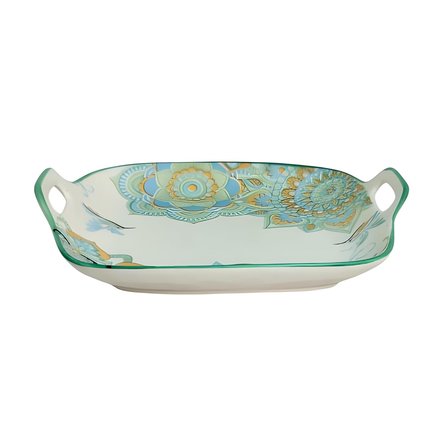 Lemon Tree Blue Ceramic Matte Finish Square Platter with Double Ear Handles – Elegant & Functional Serveware
