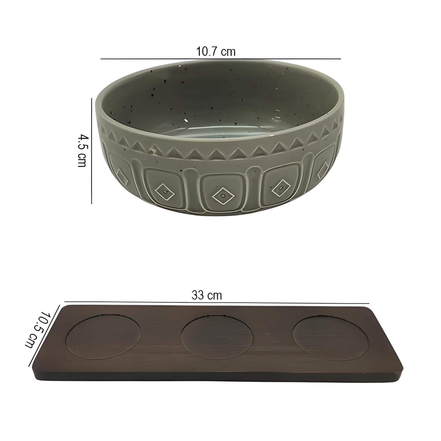 Elegant Grey Ceramic 3-Bowl Set with Bamboo Base – Stylish Serving Tray for Snacks, Dips & More