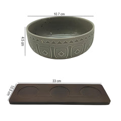 Elegant Grey Ceramic 3-Bowl Set with Bamboo Base – Stylish Serving Tray for Snacks, Dips & More