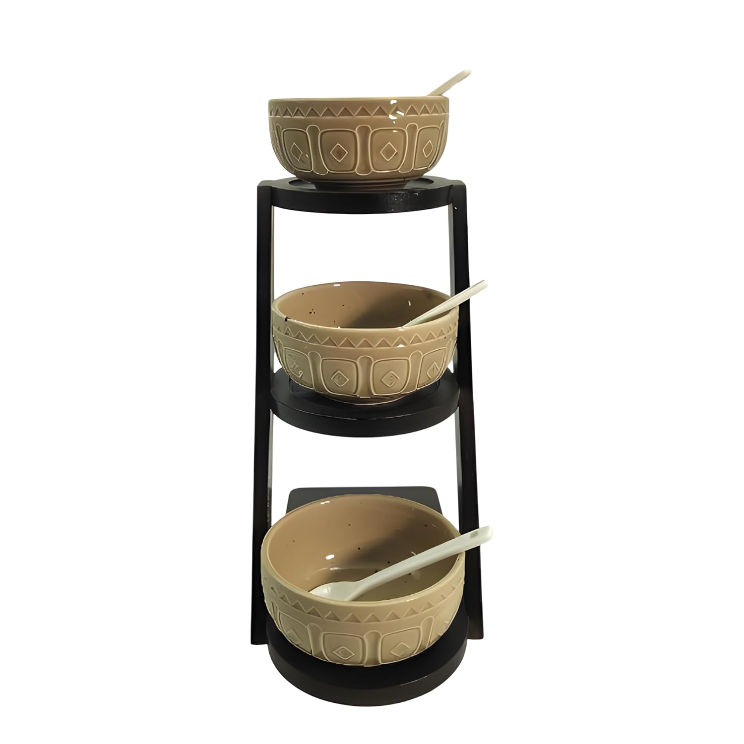 Premium 3-Bowl Ceramic Serving Set with Tall Bamboo Stand & Matching Spoons – Elegant Dining Essential