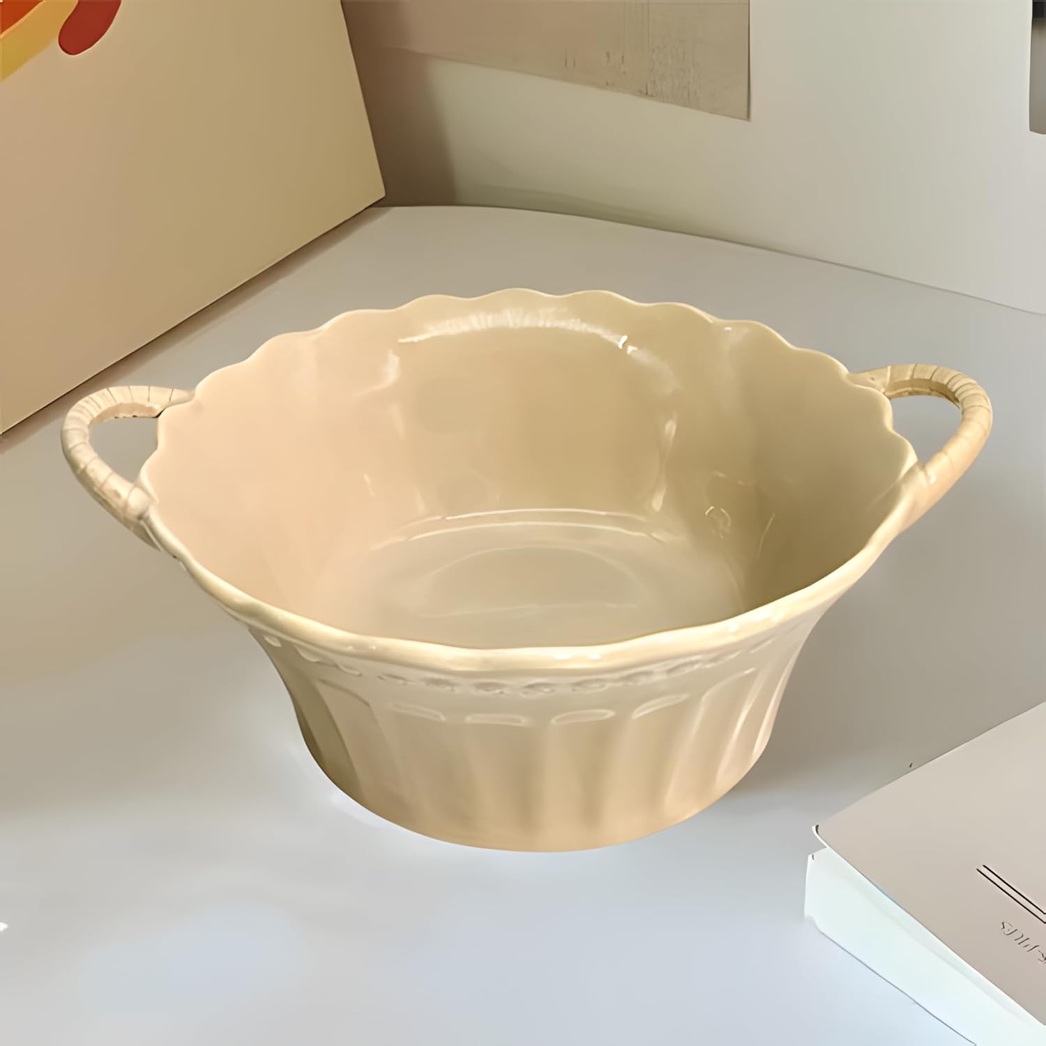 Lemon Tree Beige Round Deep Ceramic Bowl with Double Handles – Stylish Serveware for Pasta, Snacks & Desserts