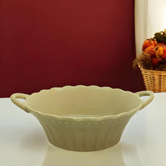 Lemon Tree Beige Round Deep Ceramic Bowl with Double Handles – Stylish Serveware for Pasta, Snacks & Desserts