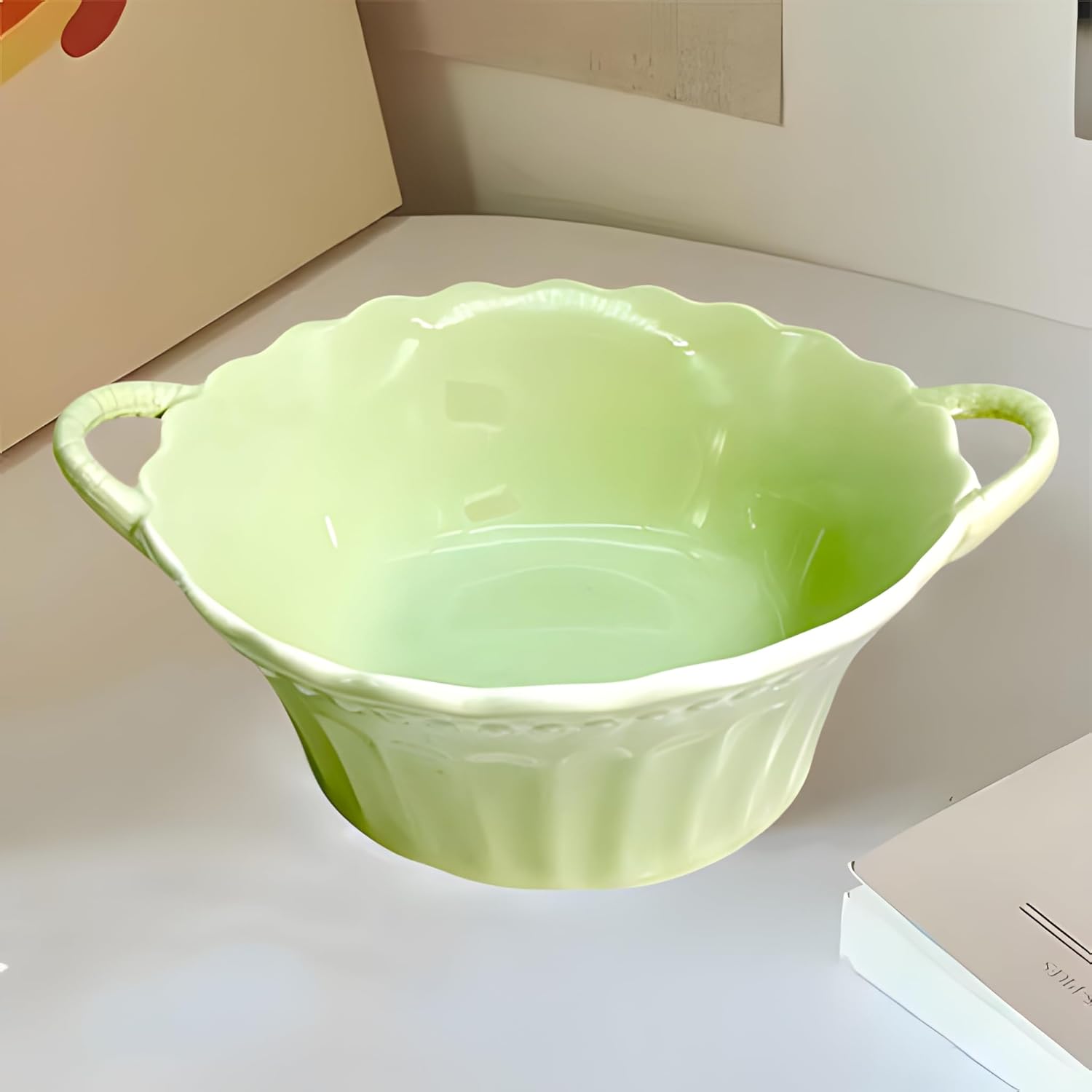 Lemon Tree Green Round Deep Ceramic Serving Bowl with Dual Handles – Stylish & Versatile Tableware