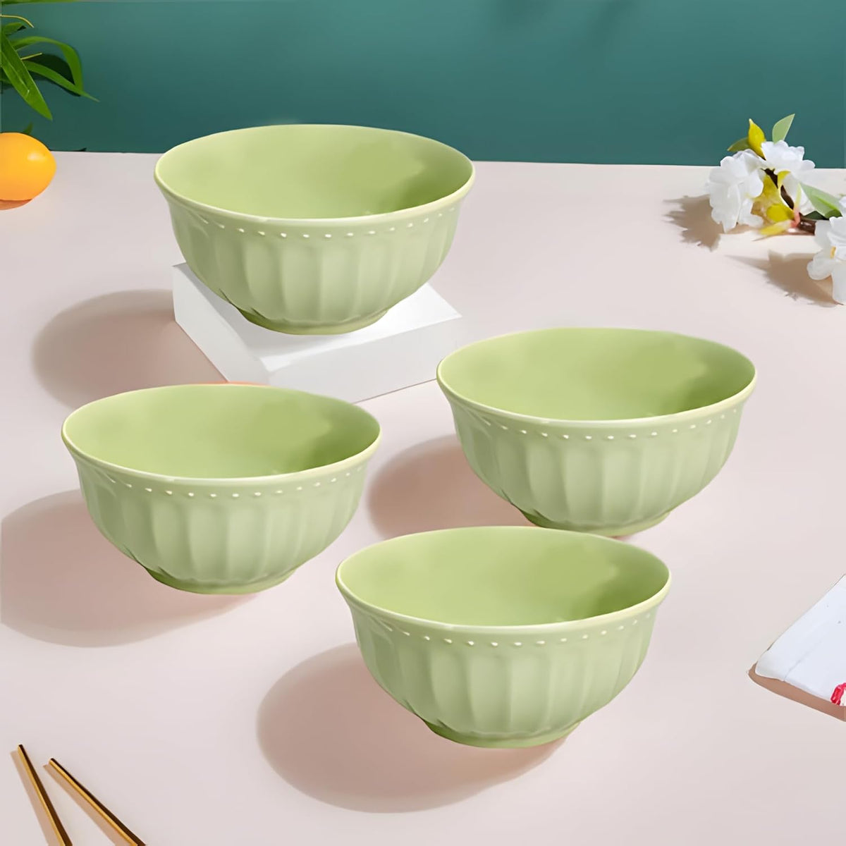 Lemon Tree Green Ceramic 4-Piece Bowl Set – Stylish Serveware for Snacks, Soups & Desserts
