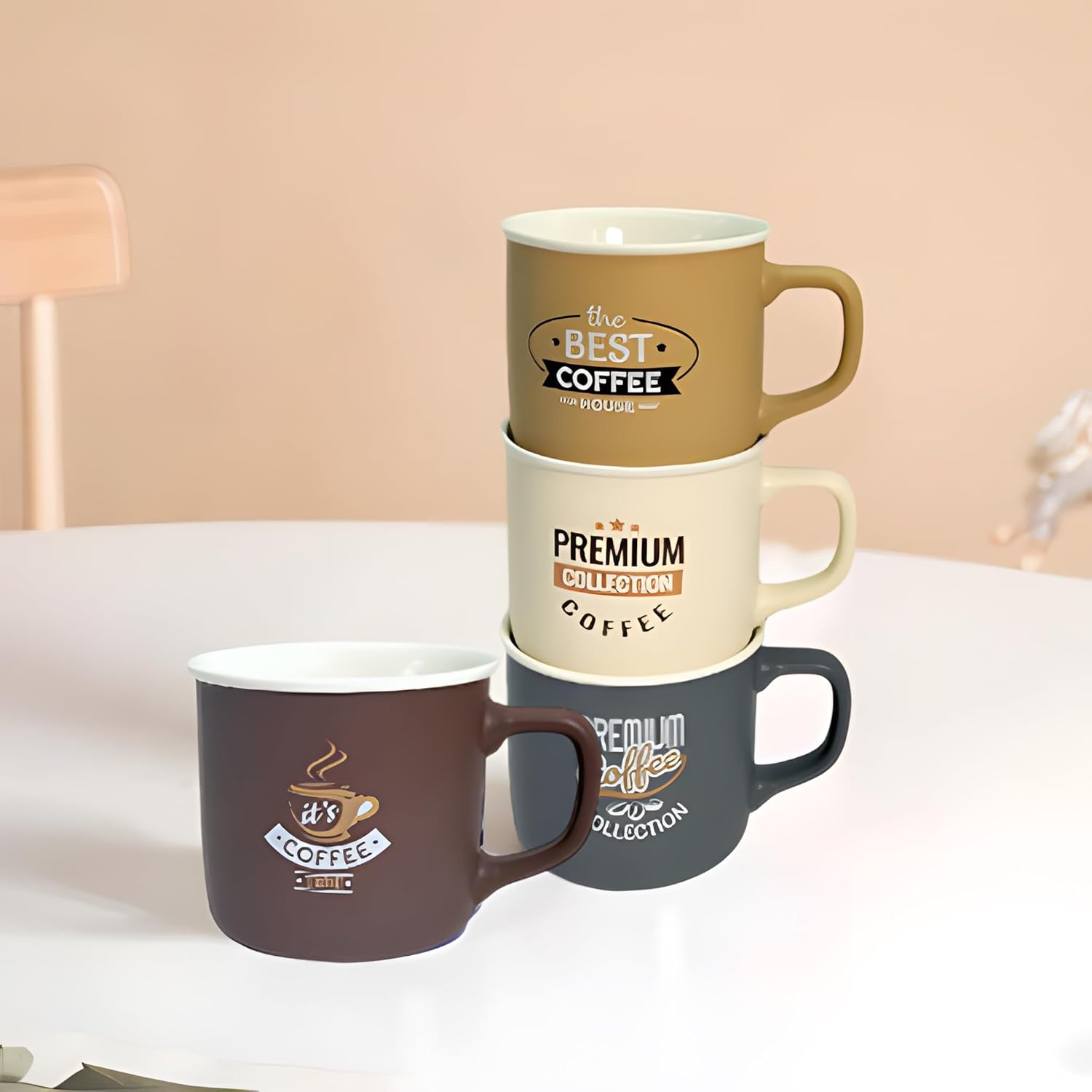 Lemon Tree 4-Piece Fine Porcelain Coffee Mug Set – Multicolor Matte Ceramic Mugs with Premium Quotes Design (Brown, Beige, Cream, Grey)