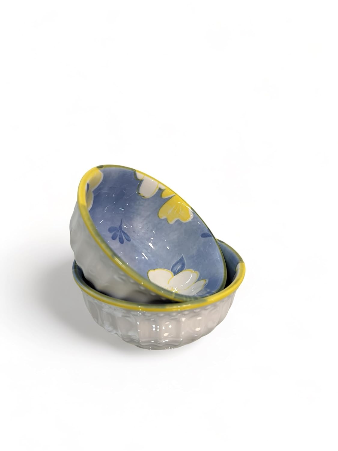Lemon Tree 2-Piece Blue Floral Ceramic Dip & Nut Bowl Set – 4-Inch, Microwave & Dishwasher Safe