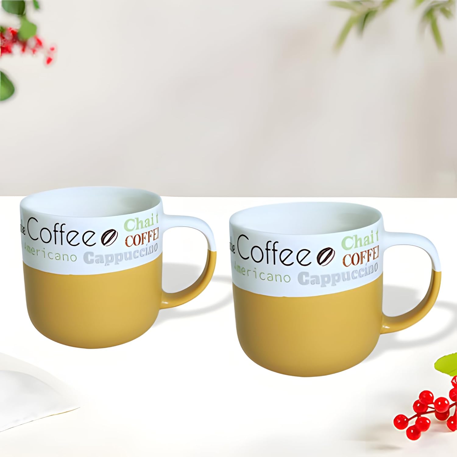 Lemon Tree Mustard 2-Piece Porcelain Coffee Mug Set – Premium Ceramic with Matte Glaze Finish