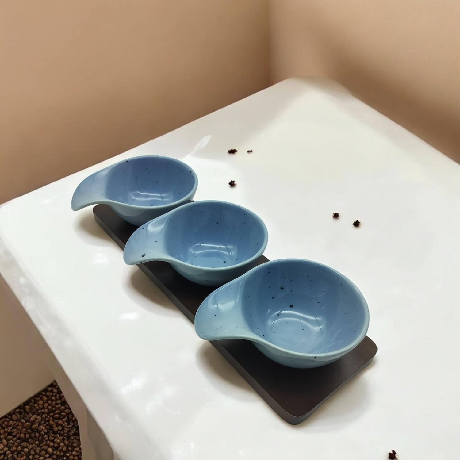 Lemon Tree Blue – Elegant 3-Bowl Ceramic Serving Set with Sturdy Bamboo Base for Snacks & Condiments