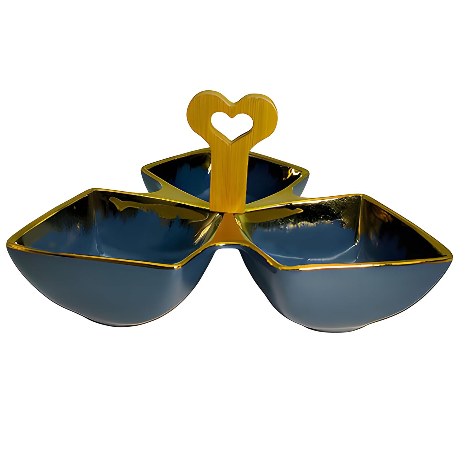 Luxury Blue Ceramic Tri-Part Platter with Bamboo Handle & Gold Rim – 24cm