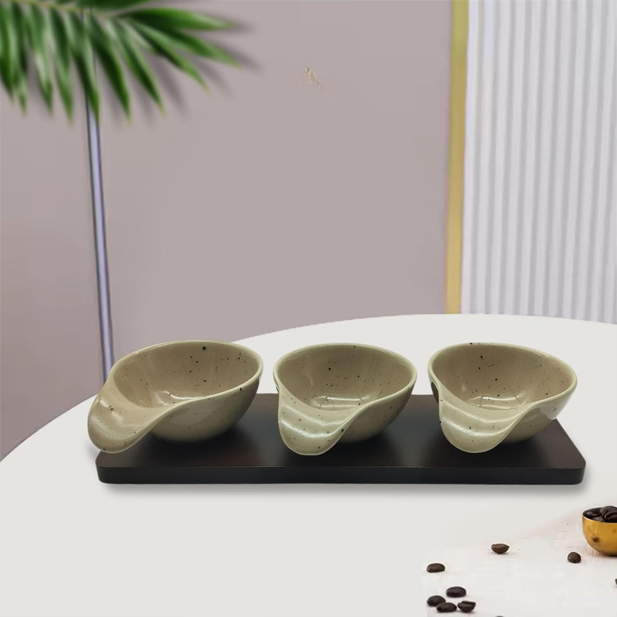 Lemon Tree Beige – Elegant 3-Bowl Ceramic Serving Set with Bamboo Base Tray for Snacks, Dips & Condiments