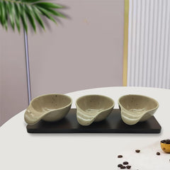 Lemon Tree Beige – Elegant 3-Bowl Ceramic Serving Set with Bamboo Base Tray for Snacks, Dips & Condiments