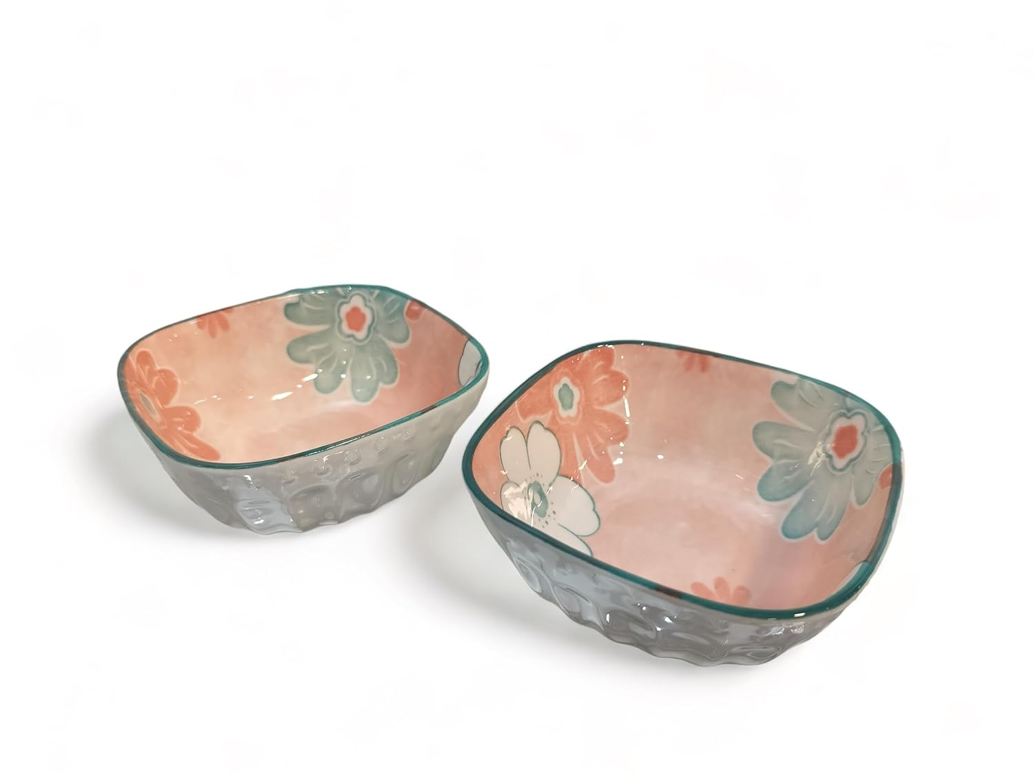 Lemon Tree Pink Ceramic Bowl Set – 2 Pc Small Square Serving Bowls for Dips, Nuts & Desserts – Microwave & Dishwasher Safe