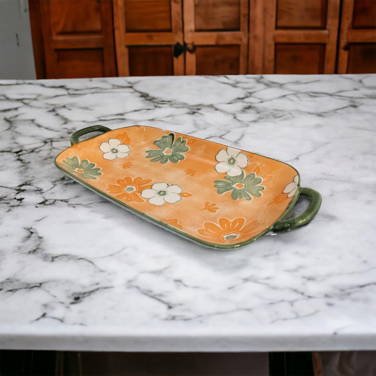 Lemon Tree Orange Ceramic Deep Dish Platter | Stylish Rectangular Serving Platter with Handles | Elegant Snack & Dessert Plate