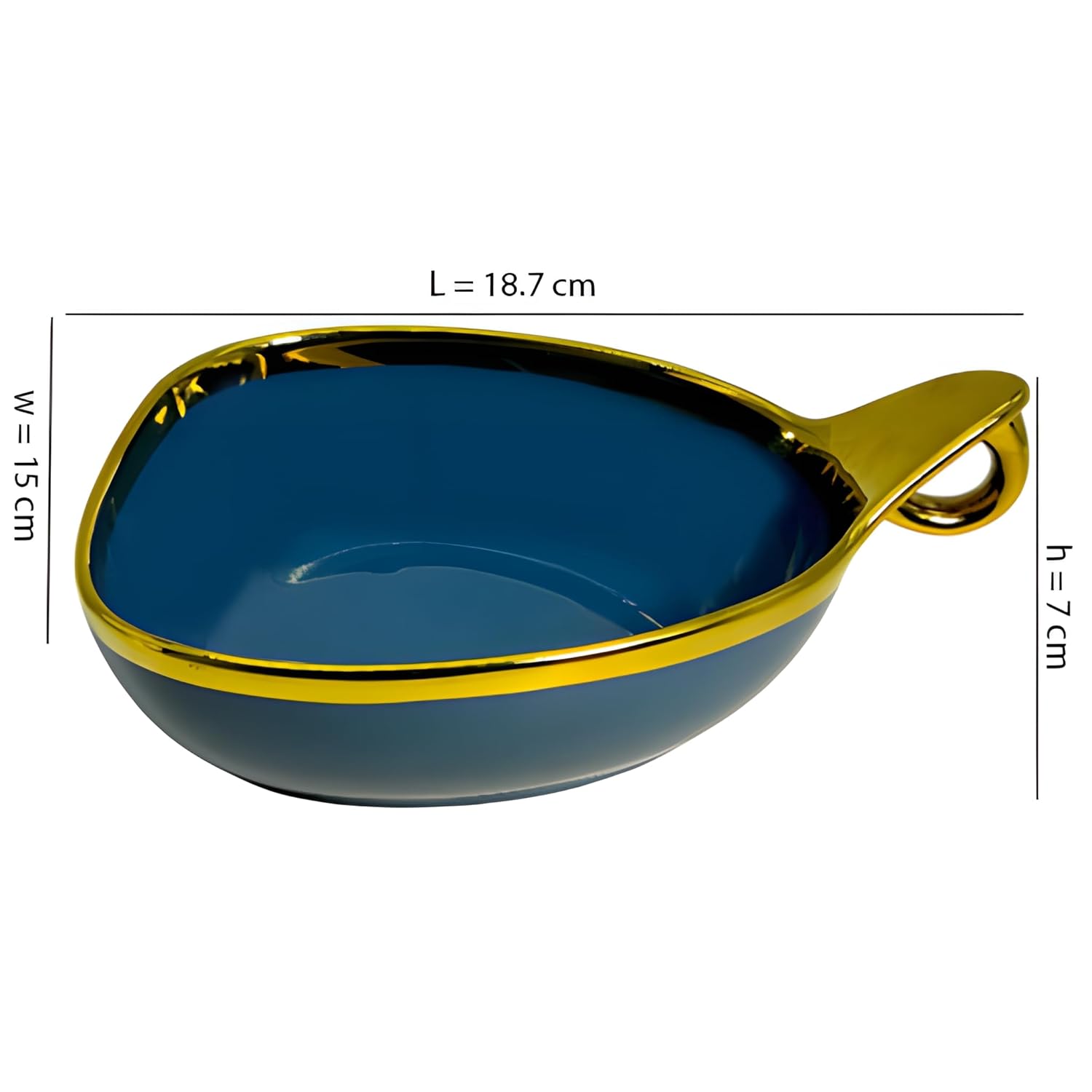 Stylish Blue Triangular Ceramic Deep Serving Bowl – 19cm Dish with Gold Rim & Hook Handle