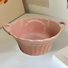 Lemon Tree Pink Deep Round Ceramic Serving Bowl with Handles – Stylish & Functional Tableware
