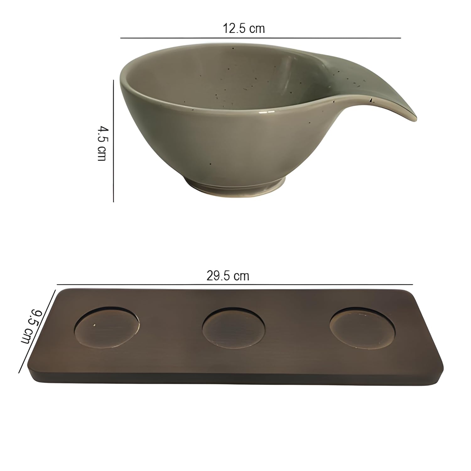 Lemon Tree Grey – Chic 3-Bowl Ceramic Set with Bamboo Tray for Snacks & Dips