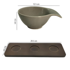 Lemon Tree Grey – Chic 3-Bowl Ceramic Set with Bamboo Tray for Snacks & Dips