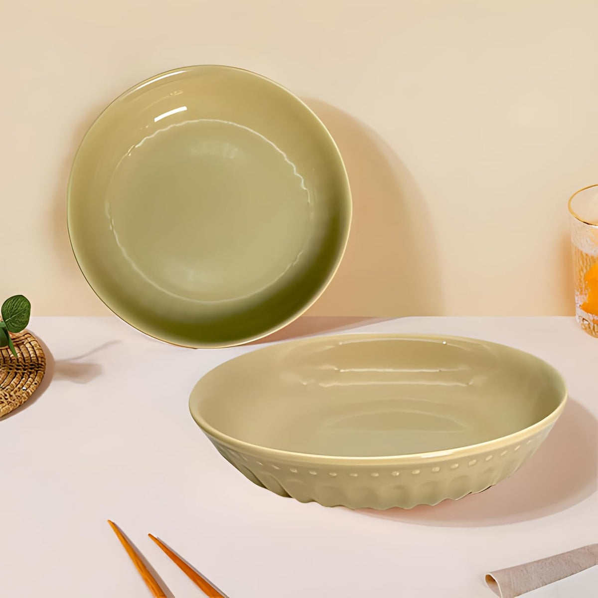 Lemon Tree Beige 7-Inch Deep Dish Set – Elegant 2-Piece Ceramic Plate Set for Pasta, Salads & Snacks