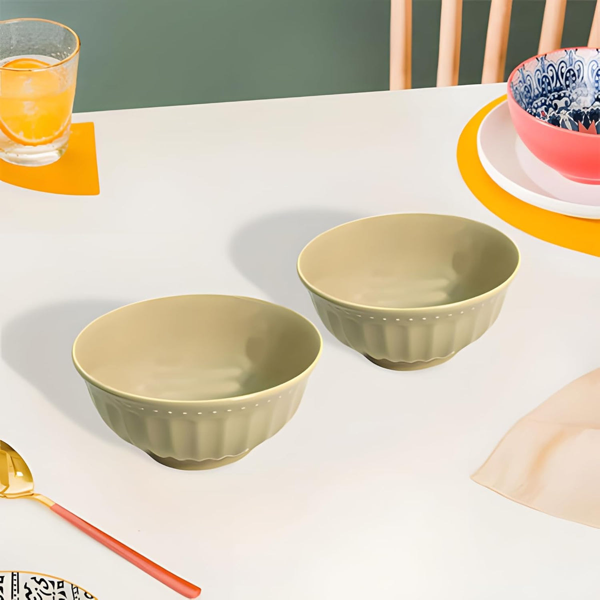 Lemon Tree Beige 6-Inch Ceramic Serving Bowl Set – Elegant & Versatile Kitchen Essential (Set of 2)