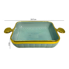 LEMON TREE Blue HH0902 Square Ceramic Snack Platter with Gold Rim & Handles | Stylish Deep Serving Dish| 24 cm