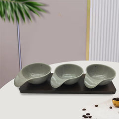 Lemon Tree Grey – Chic 3-Bowl Ceramic Set with Bamboo Tray for Snacks & Dips
