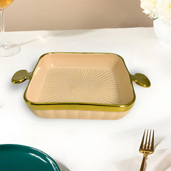 Lemon Tree Peach HH0902 Square Ceramic Deep Snack Platter | Elegant Serveware with Golden Rim & Handles | 24 cm