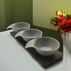 Lemon Tree Grey – Chic 3-Bowl Ceramic Set with Bamboo Tray for Snacks & Dips
