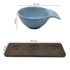 Lemon Tree Blue – Elegant 3-Bowl Ceramic Serving Set with Sturdy Bamboo Base for Snacks & Condiments