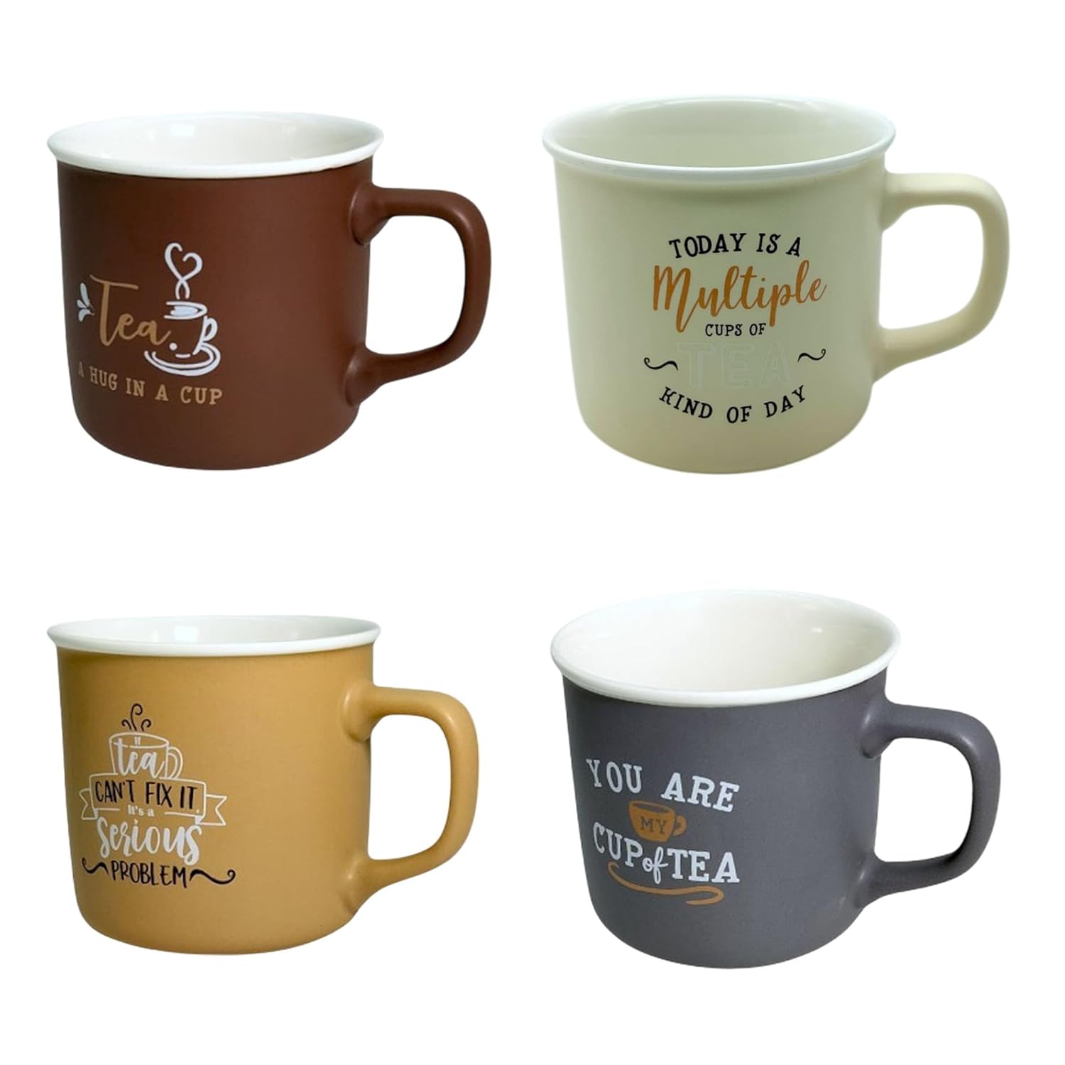 Lemon Tree 4-Piece Matte Porcelain Mug Set – Multicolor Tea  Mugs with Fun & Quirky Text Prints (Brown, Beige, Mustard, Grey)