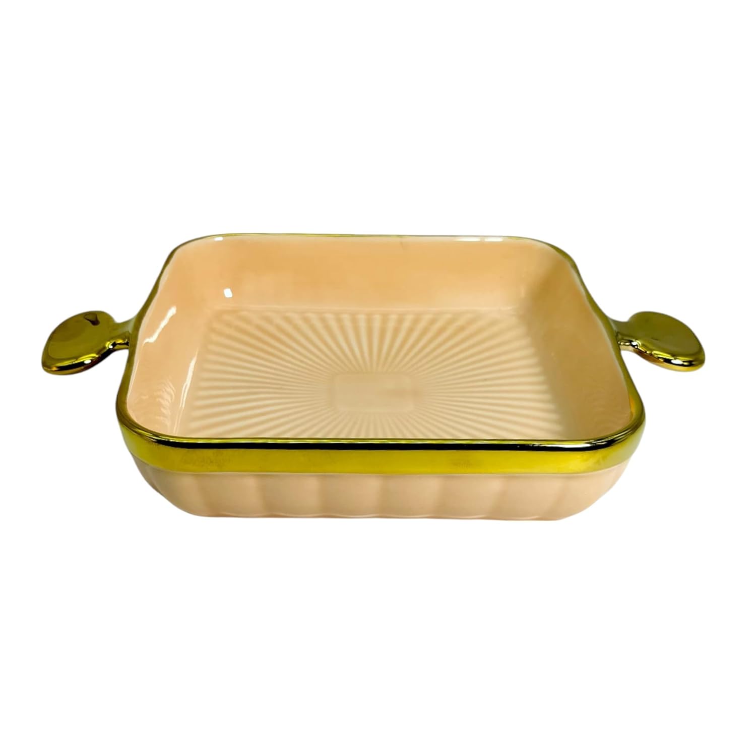 Lemon Tree Peach HH0902 Square Ceramic Deep Snack Platter | Elegant Serveware with Golden Rim & Handles | 24 cm