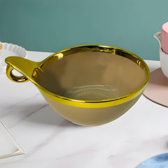 Luxury Brown Ceramic Deep Serving Bowl – 18cm Snack & Salad Dish with Gold Rim & Hook Handle
