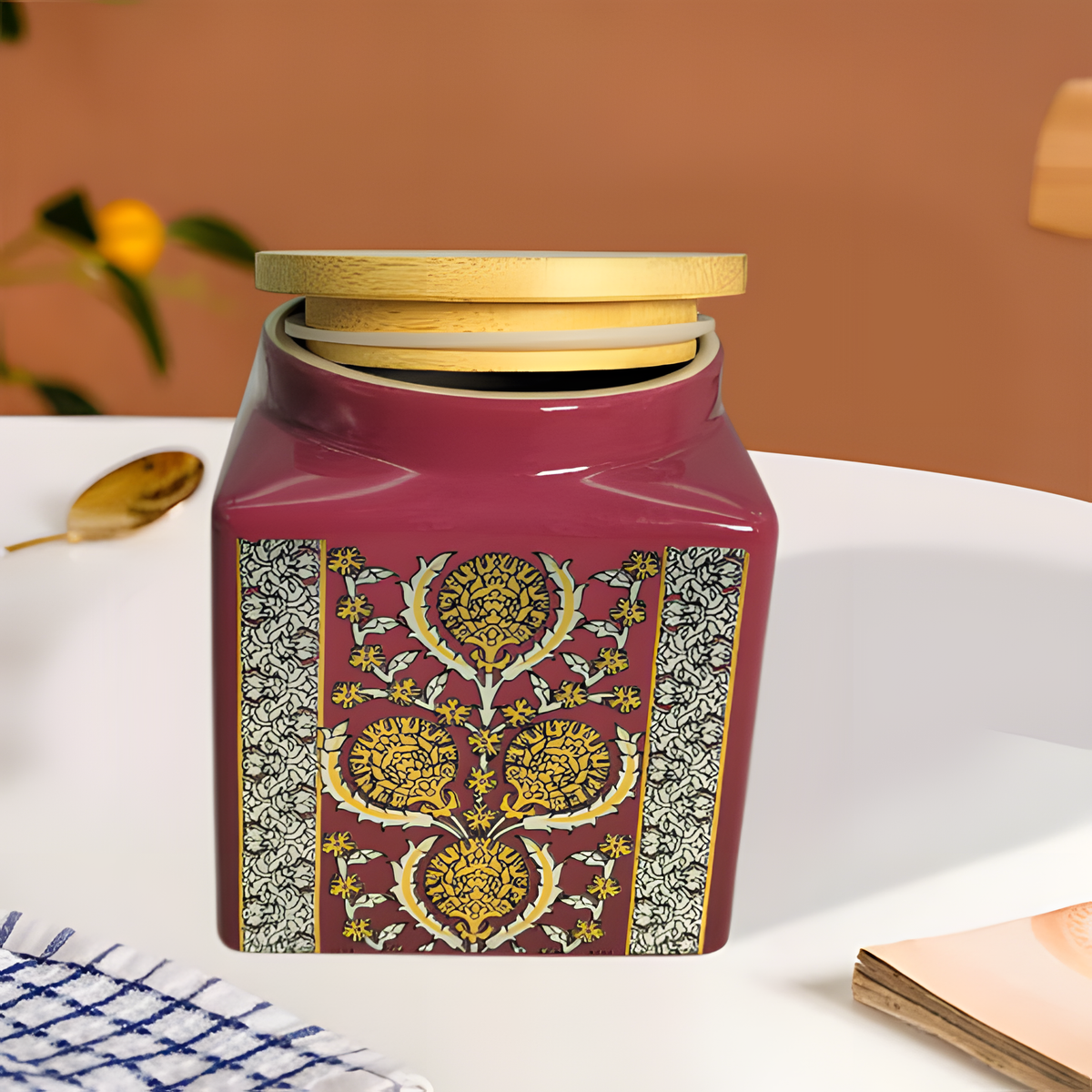 Lemon Tree Pink Ceramic Jar – 1000ml | Airtight Wooden Lid Storage Container | Perfect for Tea, Coffee, Sugar & Dry Snacks