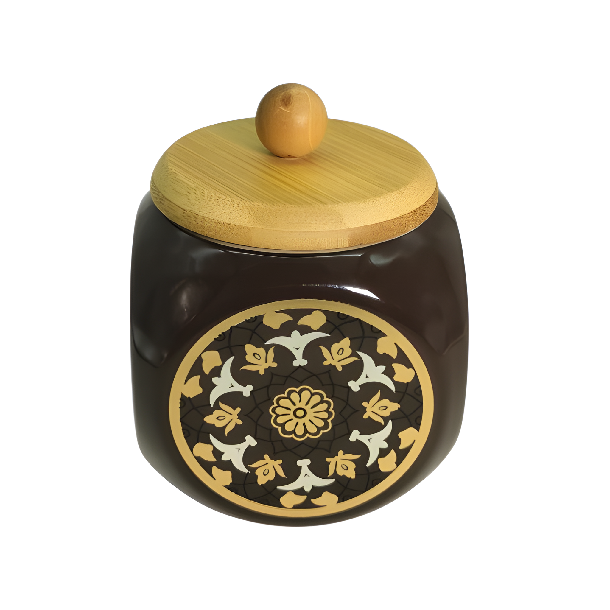 Lemon Tree 1000ml Brown Ceramic Storage Jar with Wooden Airtight Lid | Elegant Flower Print Kitchen Container for Spices, Snacks & Dry Fruits