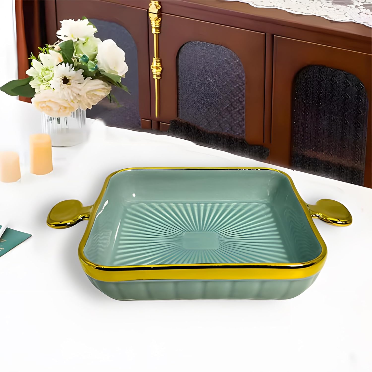 LEMON TREE Blue HH0902 Square Ceramic Snack Platter with Gold Rim & Handles | Stylish Deep Serving Dish| 24 cm