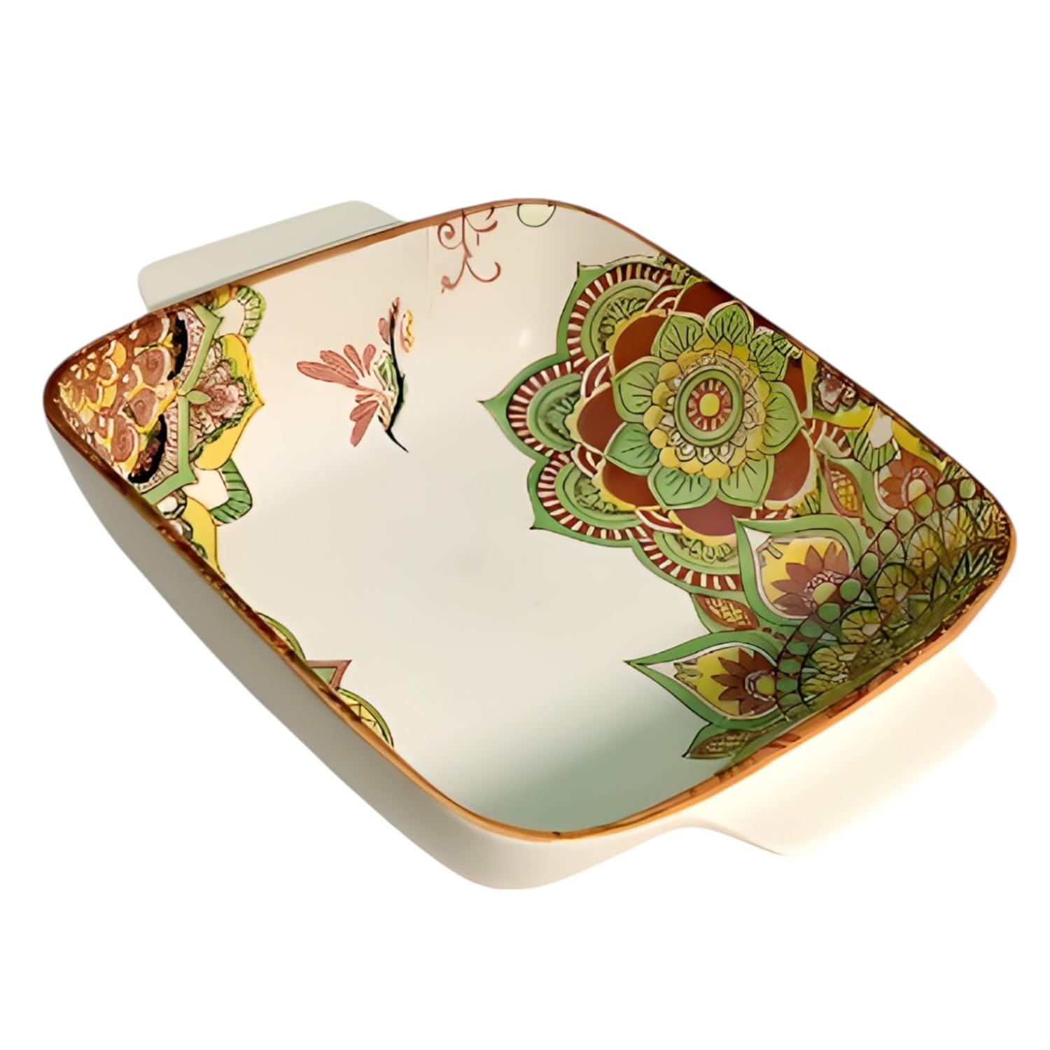 Lemon Tree Green Ceramic Matte Finish Square Deep Dish Platter with Double Handles – Stylish & Versatile Serveware