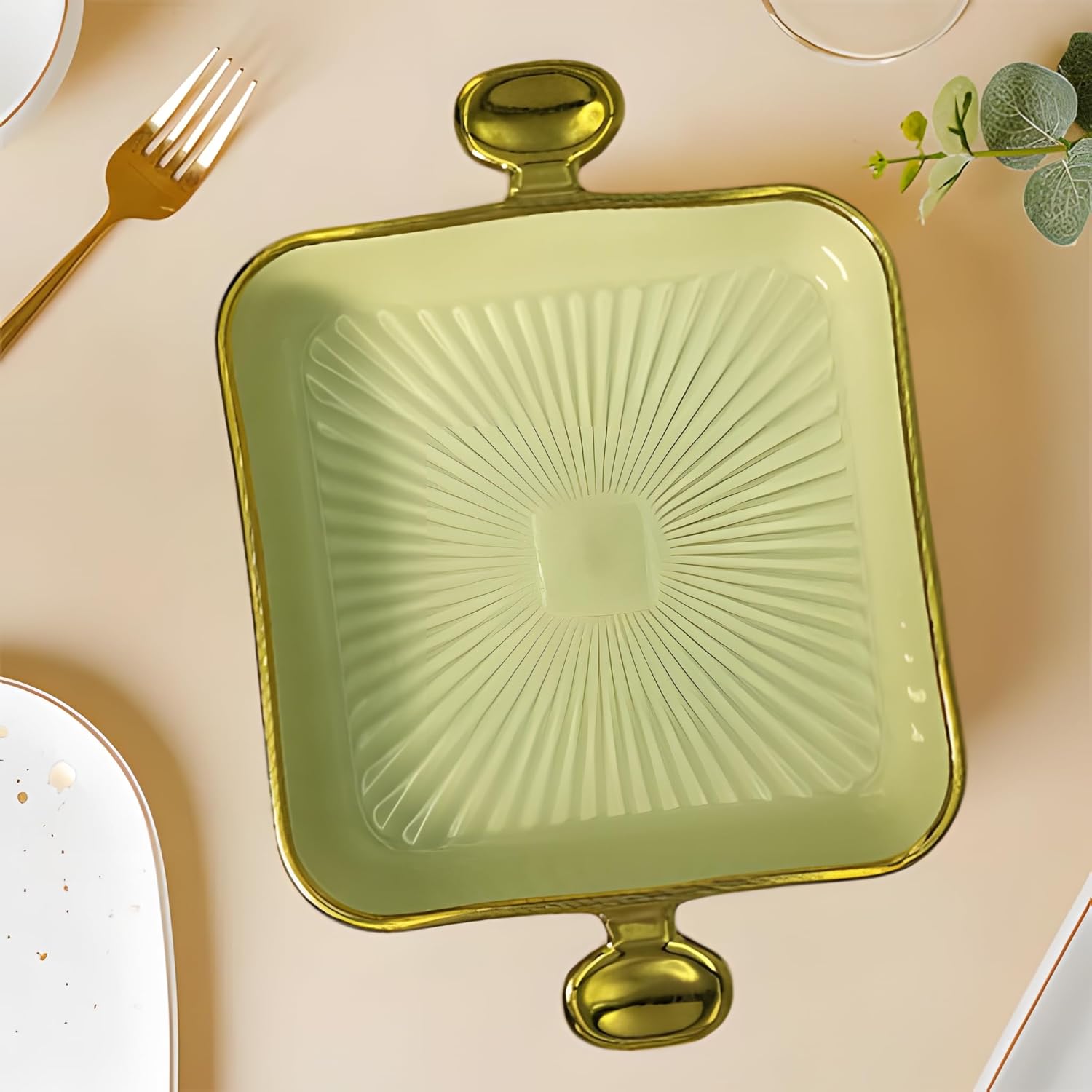 Lemon Tree Green HH0902 Square Ceramic Deep Snack Platter with Golden Rim & Handles | Elegant Serveware | 24 cm