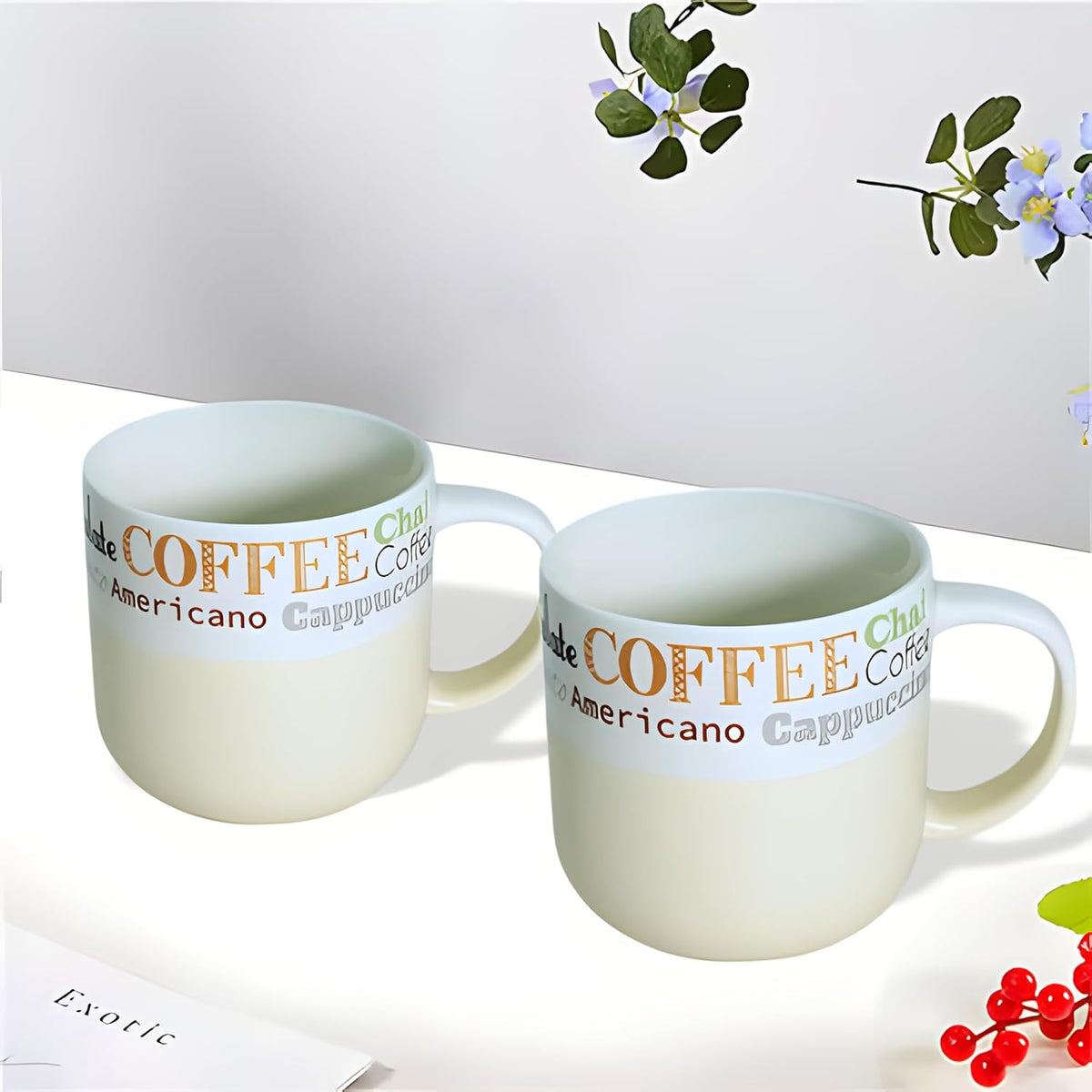 Lemon Tree Beige 2-Piece Ceramic Coffee Mug Set – Elegant Matte Glaze Porcelain with Unique Prints