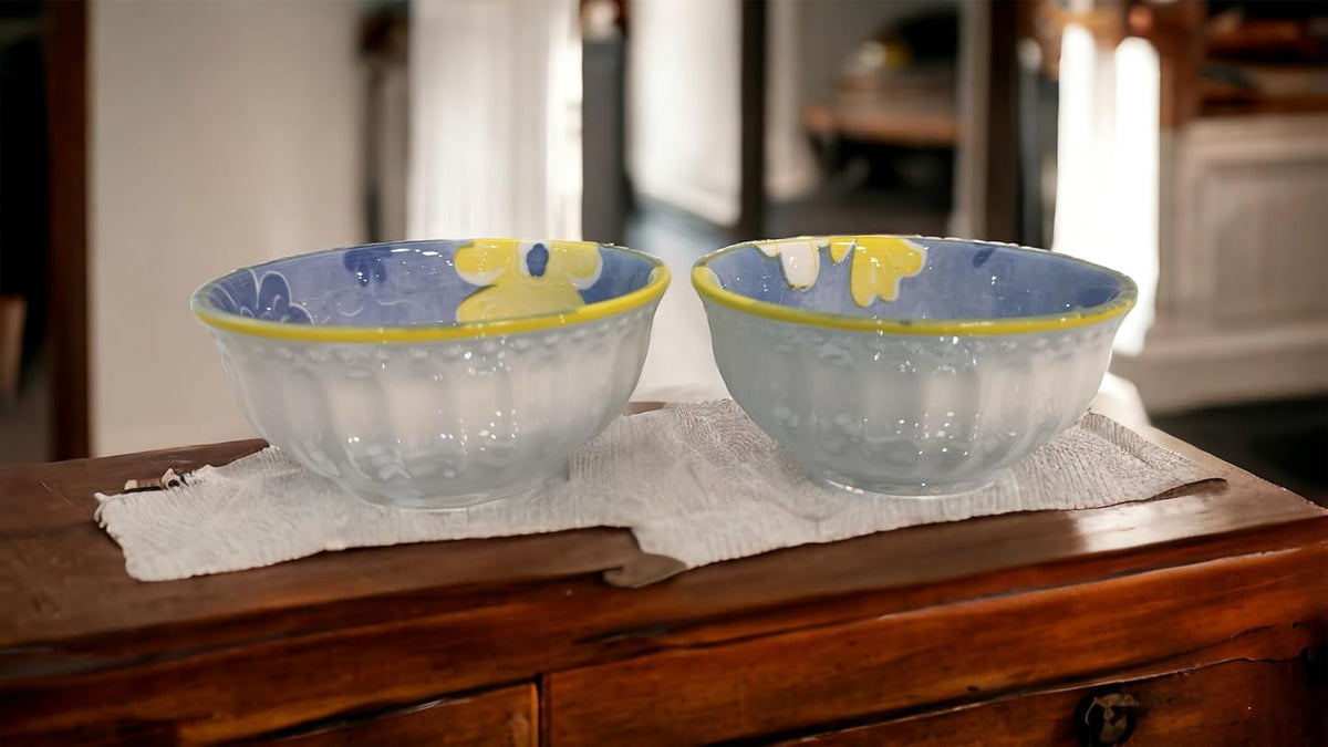 Lemon Tree 2-Piece Blue Floral Ceramic Dip & Nut Bowl Set – 4-Inch, Microwave & Dishwasher Safe