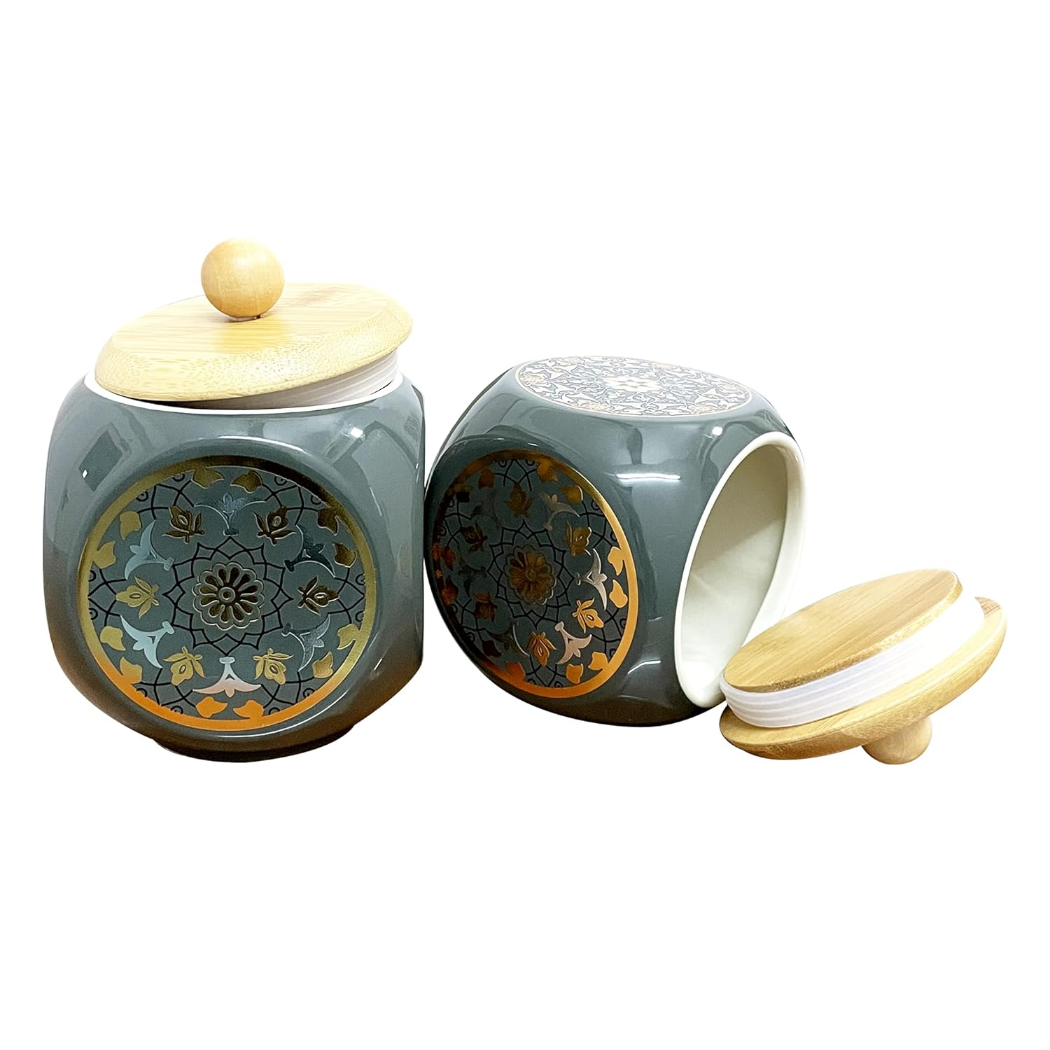 Lemon Tree Grey Floral Ceramic Storage Jars – Set of 2 (500ml) | Airtight Wooden Lid Canisters for Tea, Coffee, Spices & Snacks