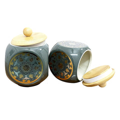 Lemon Tree Grey Floral Ceramic Storage Jars – Set of 2 (500ml) | Airtight Wooden Lid Canisters for Tea, Coffee, Spices & Snacks