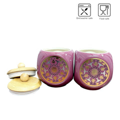 Lemon Tree Pink Floral Ceramic Storage Jars – Set of 2 (500ml) | Airtight Wooden Lid Canisters for Tea, Coffee & Spices