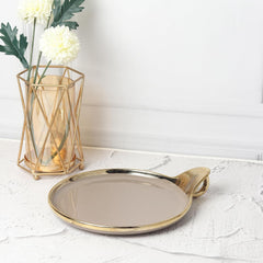 Luxurious Brown Ceramic Serving Platter – Gold Rim & Hook Handle, 24cm