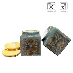 Lemon Tree Grey Ceramic Storage Jar Set of 2 – 1000ml Airtight Kitchen Containers with Wooden Lids | Stylish Marigold Print Canisters for Snacks, Dry Fruits & More